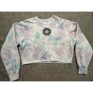 Hollister Womens‎ Sweatshirt XSmall Pink White Blue Jumper Cropped Tie Dye